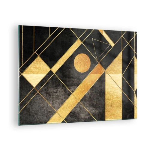 Quadro em vidro - Padrões geométricos dourados em um fundo preto - 70x50cm - Sol do Deserto - Decoração de parede moderna para a sala de estar e quarto ARTTOR