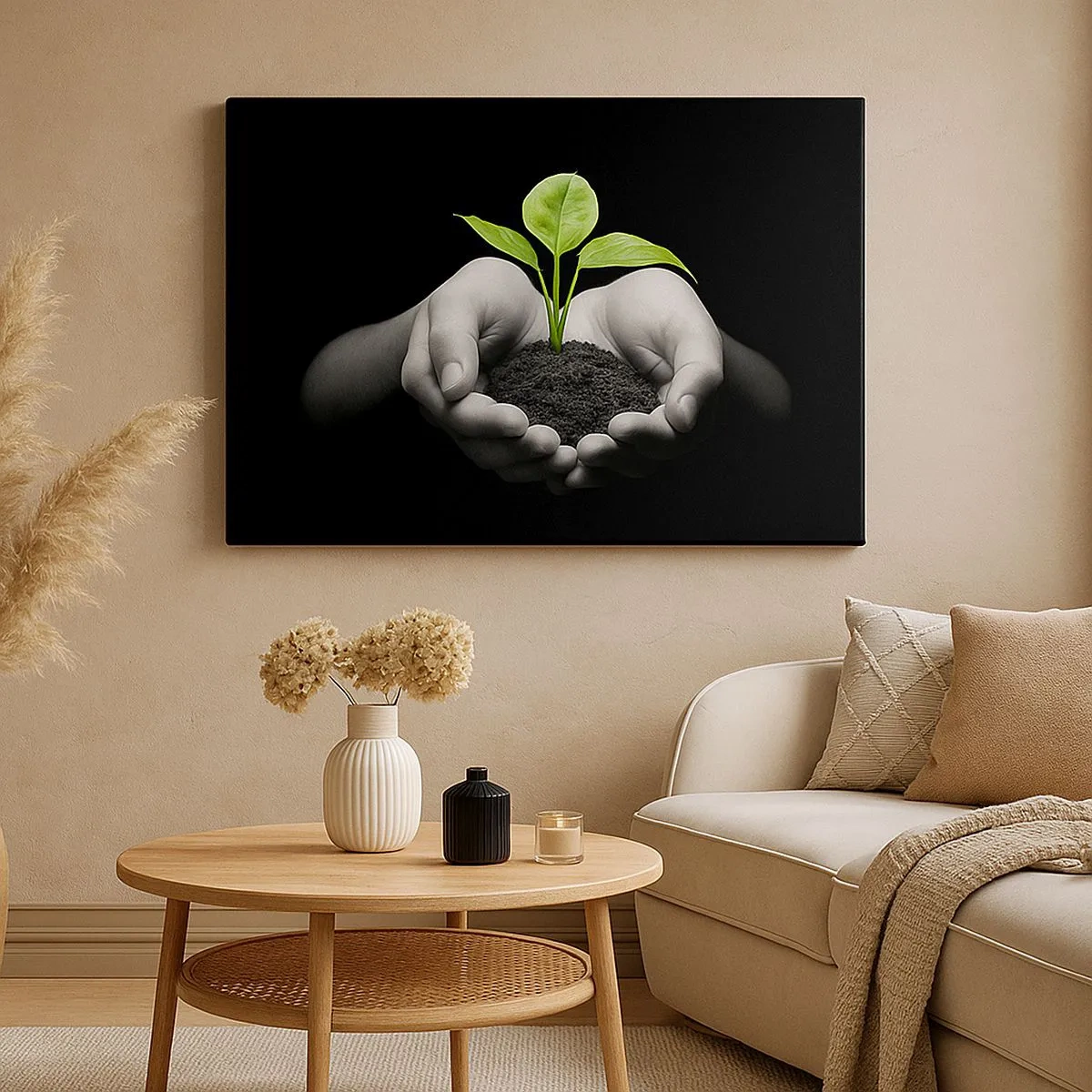 Quadro em tela - Mãos segurando uma planta verde em um fundo preto - 70x50cm - Eu amo a natureza, eu a protejo - Decoração de parede moderna para a sala de estar e quarto ARTTOR