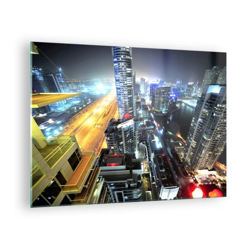 Quadro em vidro - Panorama da cidade noturna com arranha-céus iluminados - 70x50cm - Milagre no deserto - Decoração de parede moderna para a sala de estar e quarto ARTTOR