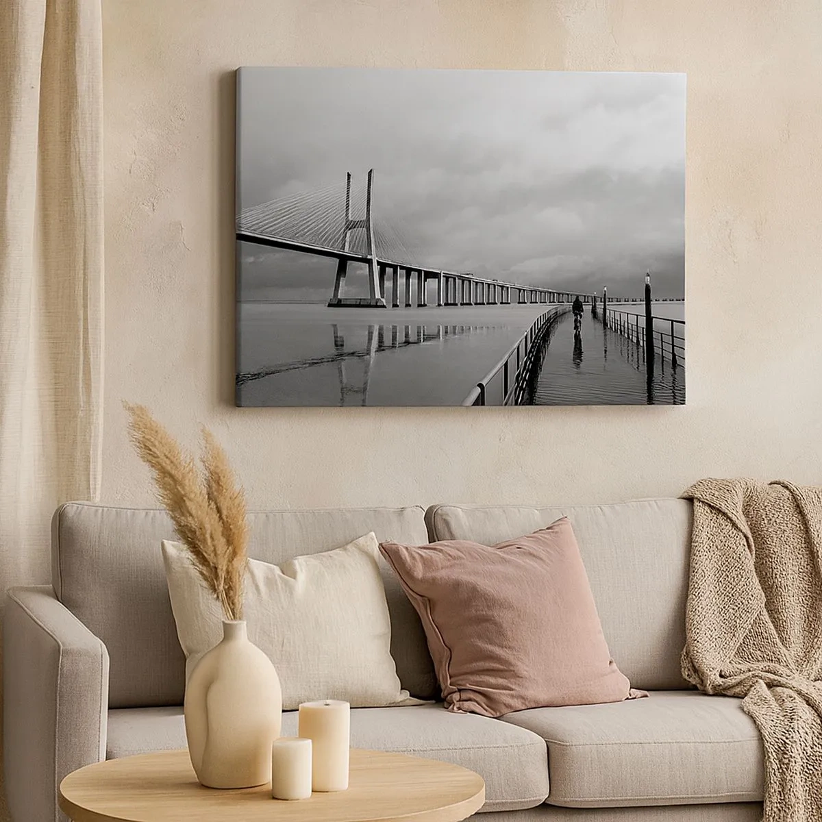 Quadro em tela - Uma ponte suspensa sobre a água em preto e branco - 70x50cm - Cada um com o que merece - Decoração de parede moderna para a sala de estar e quarto ARTTOR