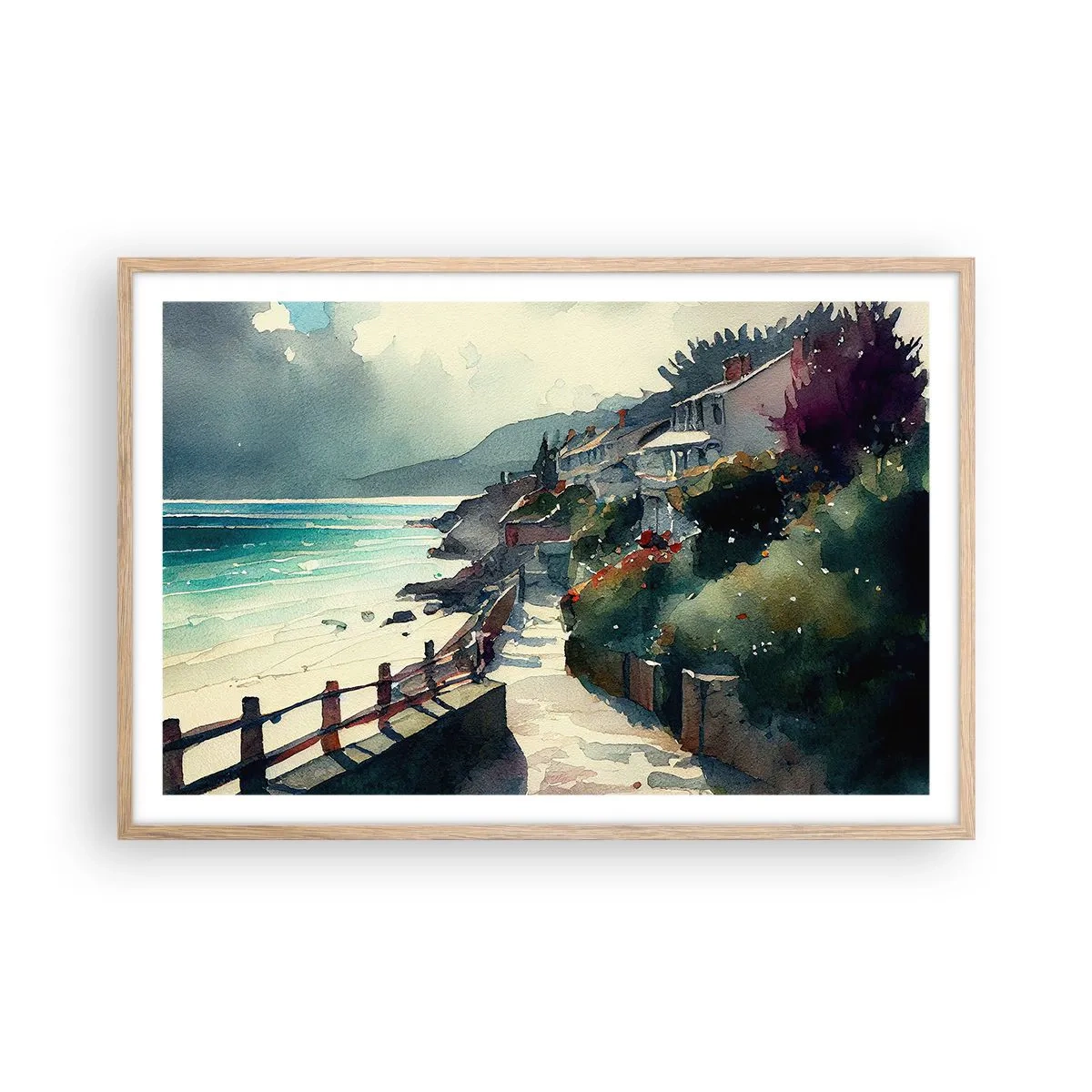 Pôster com moldura de carvalho claro - Cidade mediterrânea - 91x61 cm