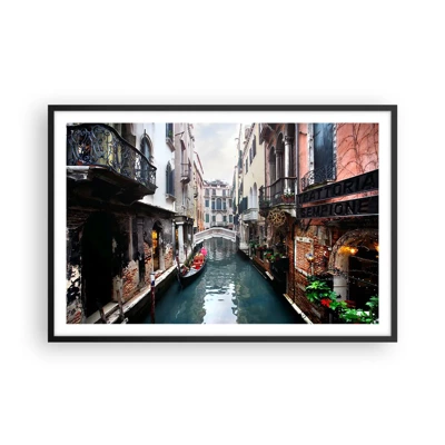 Pôster com moldura preta - Paisagem veneziana com gôndola e ponte - 91x61 cm