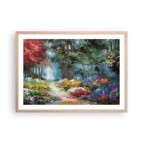 Pôster com moldura de carvalho claro - Jardim florestal, floresta florida - 70x50 cm