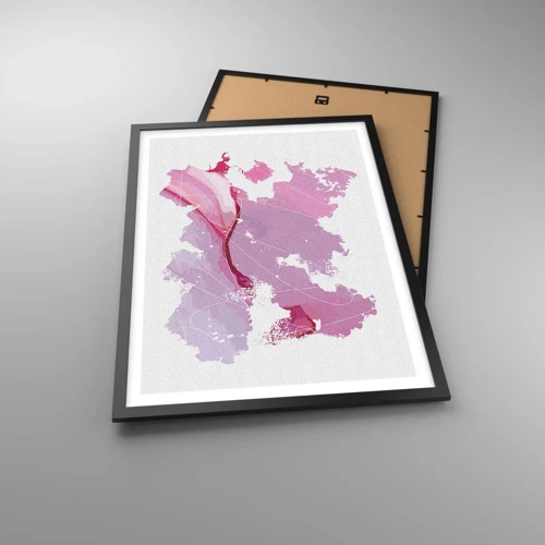 Pôster com moldura preta - Mapa do mundo rosa - 50x70 cm