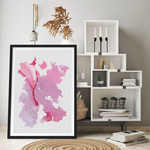 Pôster com moldura preta - Mapa do mundo rosa - 50x70 cm