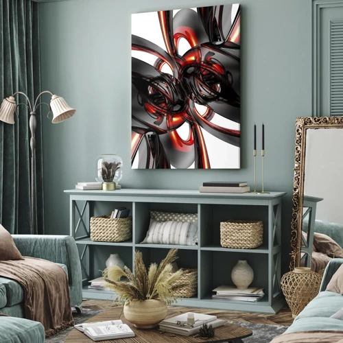 Quadro em tela - Movimento em grafite e vermelho - 55x100 cm