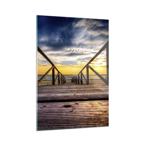 Quadro em vidro - Direto para a praia tranquila ao pôr do sol - 50x70 cm