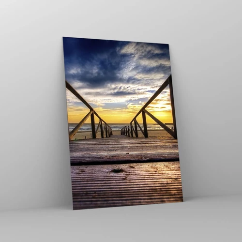 Quadro em vidro - Direto para a praia tranquila ao pôr do sol - 50x70 cm