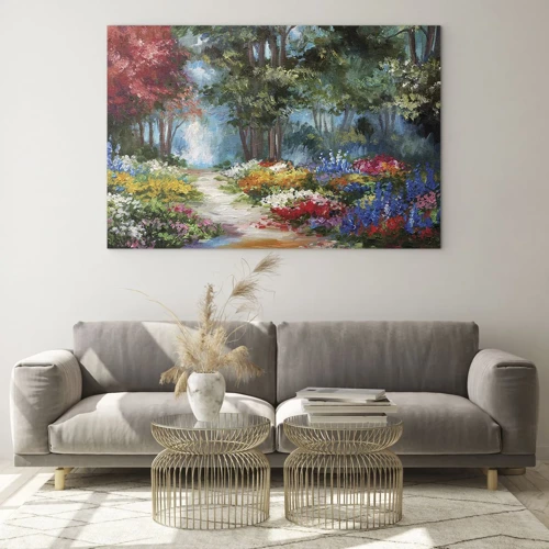 Quadro em vidro - Jardim florestal, floresta florida - 70x50 cm