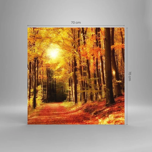 Quadro em vidro - Outono dourado na estrada da floresta - 70x70 cm