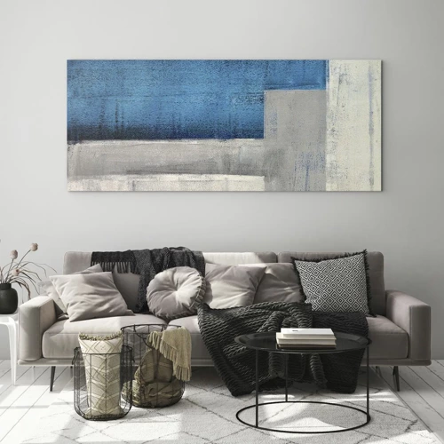 Quadro em vidro - Uma composição poética de cinza e azul - 120x50 cm