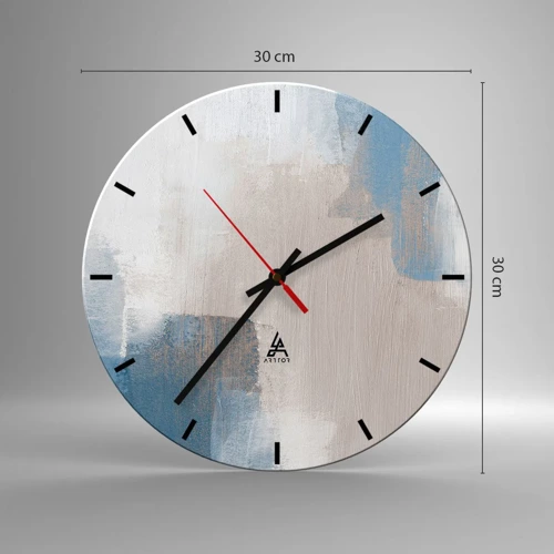 Relógio de parede - Relógio em vidro - Abstração rosa atrás da cortina azul - 30x30 cm