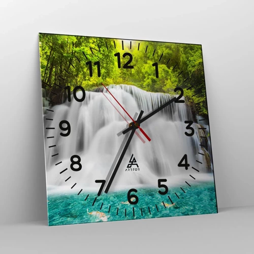 Relógio de parede - Relógio em vidro - Cascata espumosa do verde ao azul - 30x30 cm