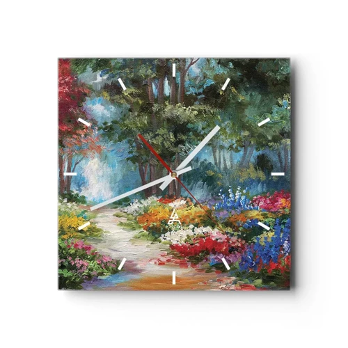 Relógio de parede - Relógio em vidro - Jardim florestal, floresta florida - 30x30 cm