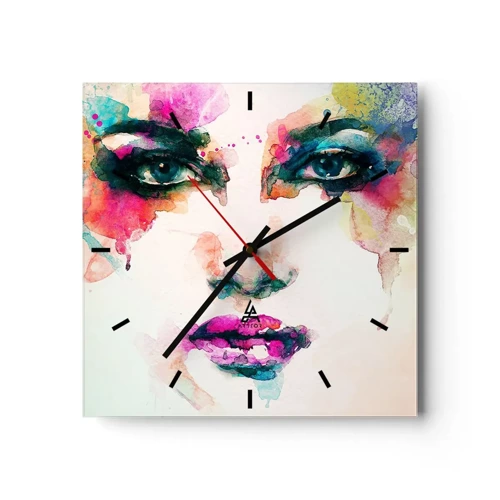 Relógio de parede - Relógio em vidro - Retrato pintado com o arco-íris - 30x30 cm