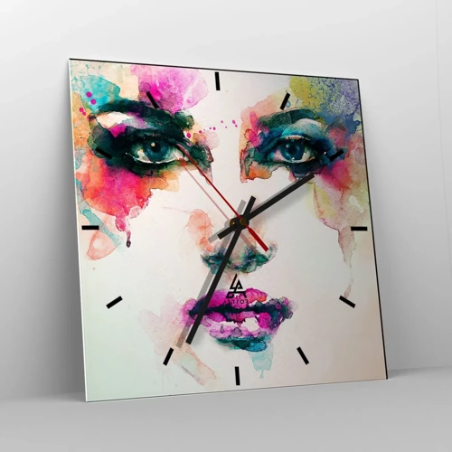 Relógio de parede - Relógio em vidro - Retrato pintado com o arco-íris - 30x30 cm